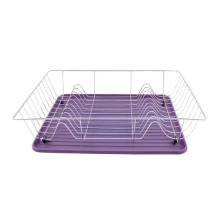Uscător de vase cu suport metalic și tavă de colectare a apei mov, perfect pentru uscarea și organizarea veselei de bucătărie