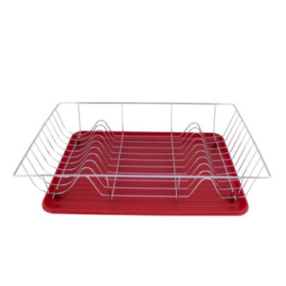 Uscător de vase cu suport metalic și tavă de colectare a apei roșie, perfect pentru uscarea și organizarea veselei de bucătărie