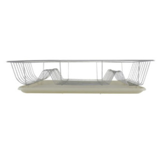 suport pentru uscat vase cu grilaj metalic și tavă de plastic crem pentru scurgerea apei