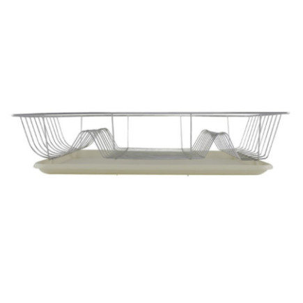 suport pentru uscat vase cu grilaj metalic și tavă de plastic crem pentru scurgerea apei