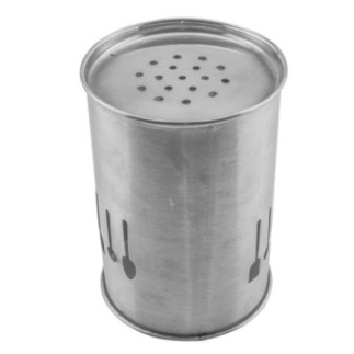 suport cilindric din inox pentru uscat tacâmuri detaliu pe baza cu perforații pentru scurgerea apei