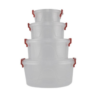 set de 4 caserole rotunde de mărimi diferite din plastic transparent cu capace cu închidere cu clame
