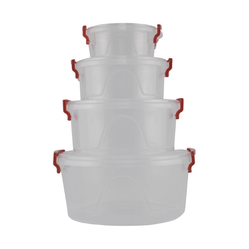 Set de caserole rotunde din plastic cu capace cu clipsuri de sigilare ușor de stocat una în alta, compatibil microunde, 4 buc