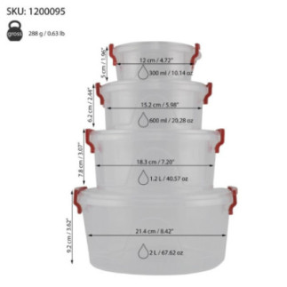 set 4 caserole pentru alimente din plastic cu informații despre dimensiuni și capacitate