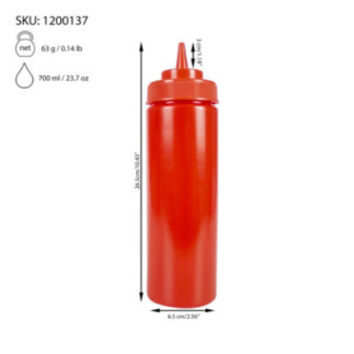 sticlă sos cu vârf subțire roșie cu informații despre dimensiuni și capacitate