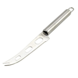 cuțit special de brânză din inox cu lamă perforată zimțată și mâner rotunjit cu agățătoare