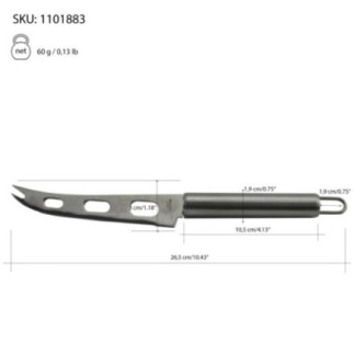 cuțit de brânzeturi din inox cu specificații despre dimensiuni marcate prin săgeți
