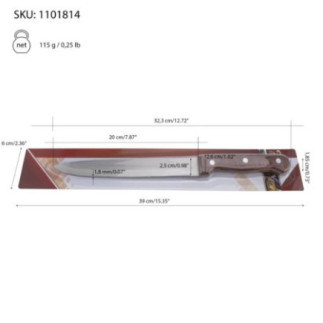 cuțit de dezosat cu lamă lungă din inox și mâner din lemn cu informații despre ambalaj și dimensiuni