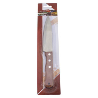 cuțit bucătar inox cu mâner lemn în ambalaj carton cu blister din plastic