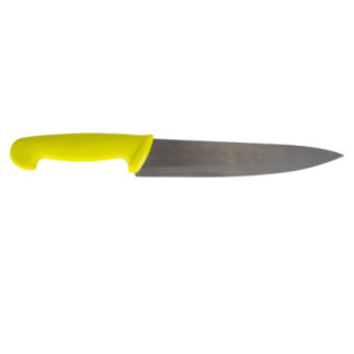 cuțit de bucătar profesional cu mâner din plastic galben și lamă inox pentru tranșat carne pasăre conform haccp