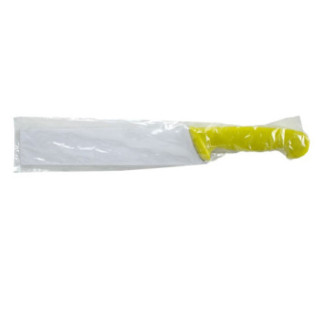 cuțit de bucătărie cu mâner galben ambalat în pungă de plastic și carton