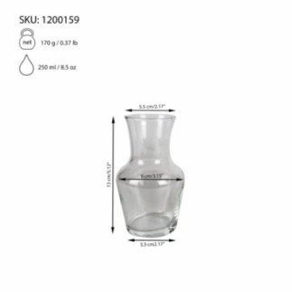 carafă din sticlă mică și bombată cu informații despre capacitate și dimensiuni