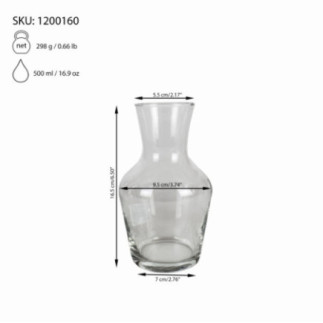 carafă din sticlă pentru vin în formă de clepsidră cu gură largă și specificații despre dimensiuni și capacitate