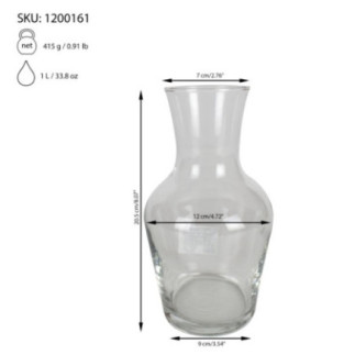 carafă din sticlă pentru băuturi cu informații grafice despre dimensiuni și capacitate