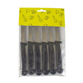 set de 6 cuțite cu lamă din inox și mâner negru din ebonită în ambalaj pungă transparentă cu etichetă galbenă