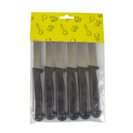 set de 6 cuțite mici cu lamă din inox și mâner negru din ebonită în ambalaj pungă transparentă cu etichetă