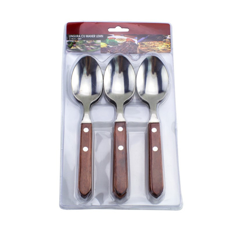 Set linguri de masă pentru supă, din inox cu mâner rustic din lemn, tacâmuri pentru servirea mesei, 6 buc