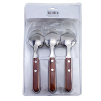 set de linguri din inox cu mâner de lemn în ambalaj din plastic întoarse cu susul în jos