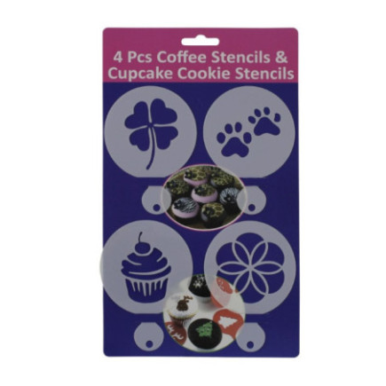 set de 4 șabloane cu modele diferite pentru decorat cappuccino sau prăjituri în ambalaj de carton cu folie