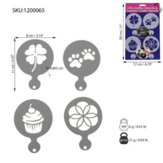 set șabloane pentru decorat cappuccino cu informații despre ambalaj și dimensiuni