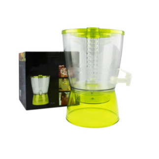 dozator de lichide cu rezervor din plastic transparent cu robinet și capac în fața cutiei în care este ambalat