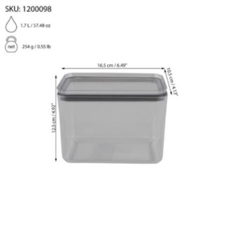 cutie lată din plastic transparent cu capac etanș și informații detaliate despre dimensiuni