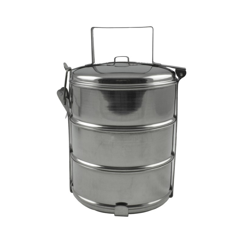 Sufertaș inox, caserole cu un capac etajate intr-un suport metalic cu mâner, 3x0.3L, perfect pentru transportul mâncării