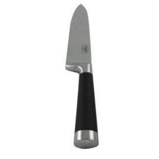 cuțit bucătar cu lamă lungă din inox și detaliu pe mânerul ergonomic negru