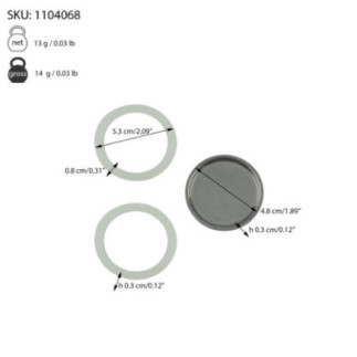 două inele din silicon și sită din inox pentru cafetieră de două persoane și informații despre dimensiuni