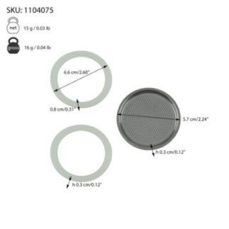 set două garnituri și o sită metalică pentru espresorul italian de aragaz și informații despre dimensiuni
