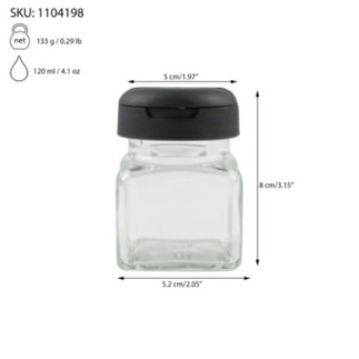 cutiuță din sticlă pentru mirodenii cu capac din plastic și informații despre capacitate și dimensiuni