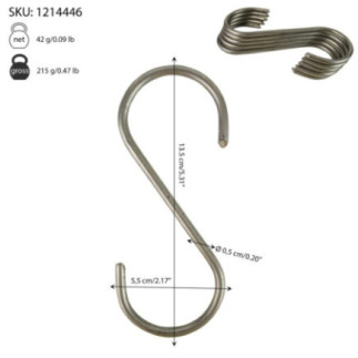 cârlig din inox în formă de S cu informații despre dimensiuni și greutate pentru agățat carnea