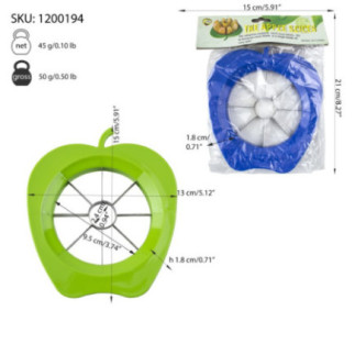 feliator din plastic verde sau albastru pentru mere cu informații despre greutate și dimensiuni