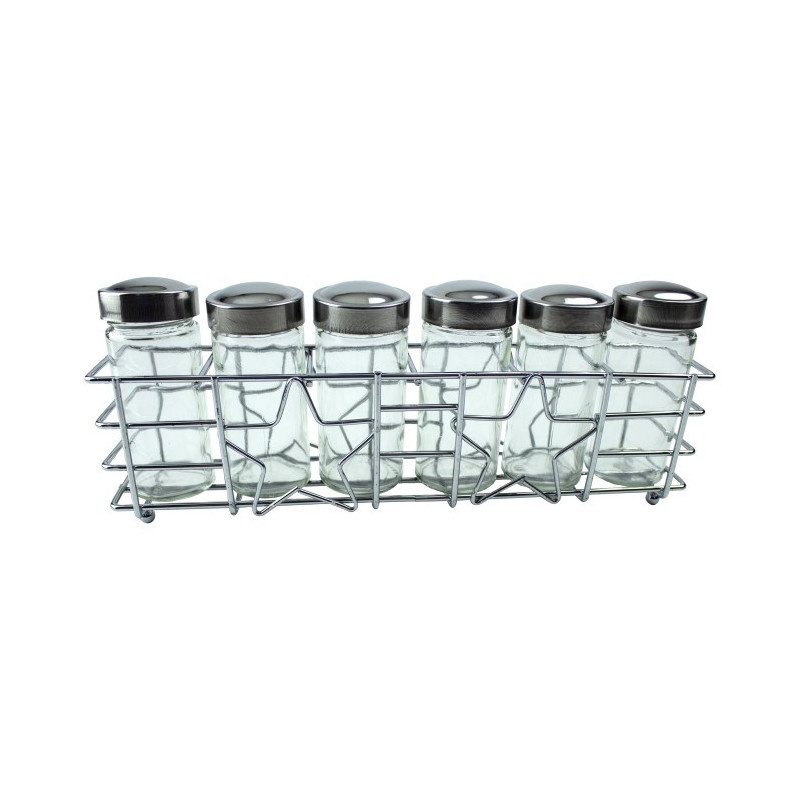 Organizator condimente, suport metalic liniar cu 6 borcănașe din sticlă, perfect pentru depozitarea și organizarea condimentelor