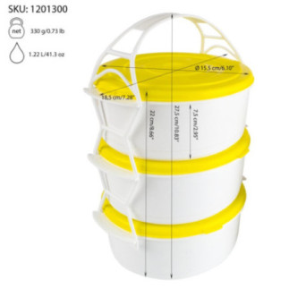 sufertaș cu 3 caserole rotunde din plastic cu capace și specificații despre capacitate și dimensiuni