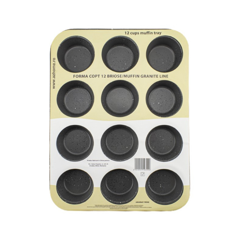 Tavă pentru copt brioșe cu 12 compartimente și strat antiaderent granit, perfectă pentru prăjituri sau aperitive la cuptor
