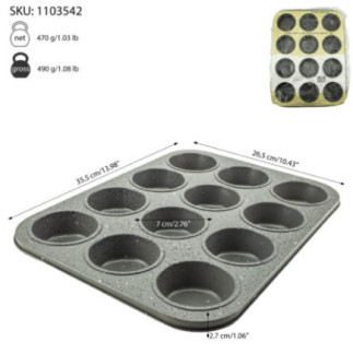 tavă copt brioșe compartimentată cu înveliș granit și specificații despre dimensiuni