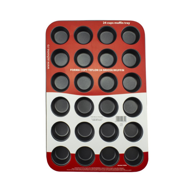 Tavă pentru copt brioșe cu 24 compartimente și strat antiaderent teflonat, ideală pentru prăjituri sau aperitive la cuptor