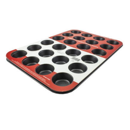 Tavă pentru copt brioșe cu 24 compartimente și strat antiaderent teflonat, ideală pentru prăjituri sau aperitive la cuptor