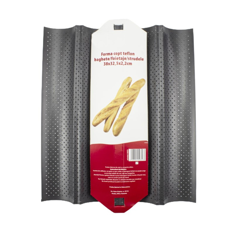 Tavă ondulată cu perforații pentru copt 4 baghete franțuzești, ventilată, cu strat antiaderent teflonat pentru coacere uniformă