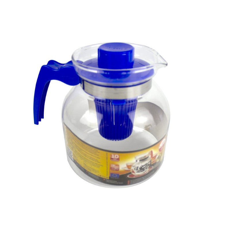 Ceainic din sticlă termorezistentă cu infuzor detașabil și capac plastic, potrivită pentru ceai, limonadă sau apă aromată, 2.2L