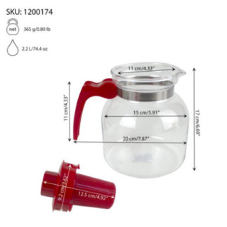 ceainic din sticlă cu sită pentru infuzie și specificații despre dimensiune și capacitate