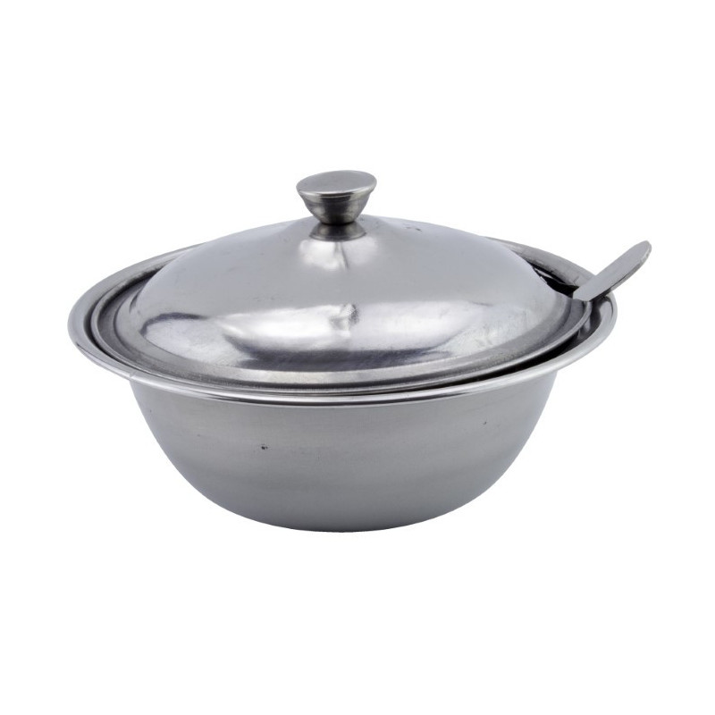 Bol inox cu capac și linguriță pentru sosuri și condimente, potrivit pentru servit zahăr, miere sau dulceață, diametrul 13 cm