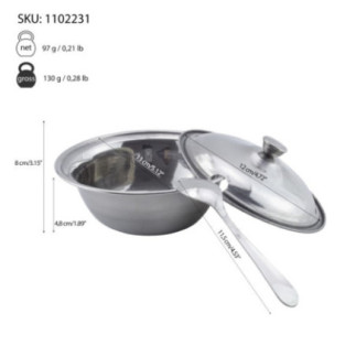 bol din inox cu capac și linguriță și specificații despre greutate și dimensiuni