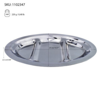 farfurie ovală inox cu trei secțiuni și specificații despre dimensiuni