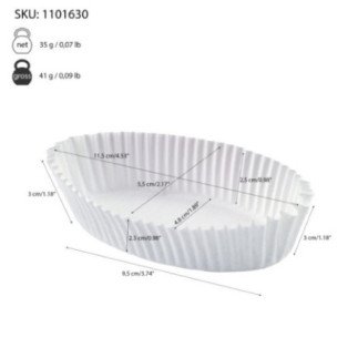 hârtie ovală albă pentru copt cu informații despre dimensiuni