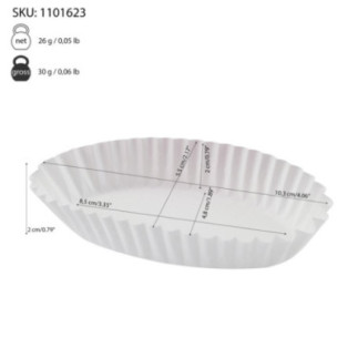 hârtie ovală albă cu margini ondulate pentru copt prăjituri și informații despre dimensiuni