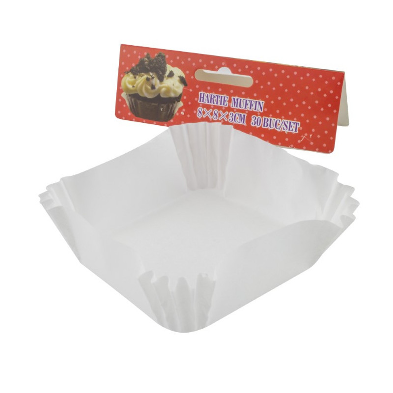 Set de hârtii pentru copt brioșe, pătrate din hârtie specială albă, 8x8x3 cm, rezistente la căldură, 30 buc