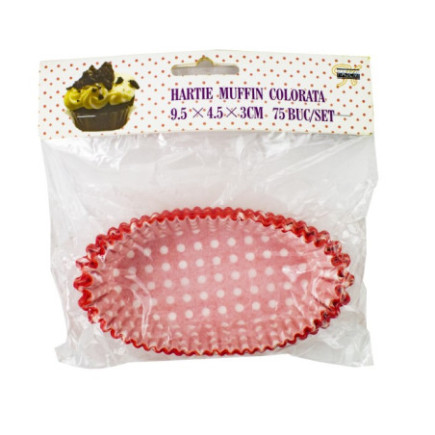 set de hârtii ovale pentru copt prăjituri roșii cu buline albe ambalate în pungă transparentă cu etichetă