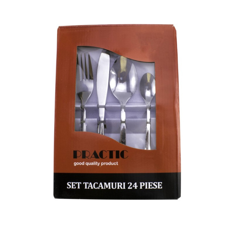 Set complet de tacâmuri din inox cuțite furculițe linguri și lingurițe cu finisaj lucios perfecte pentru servirea mesei 24 piese